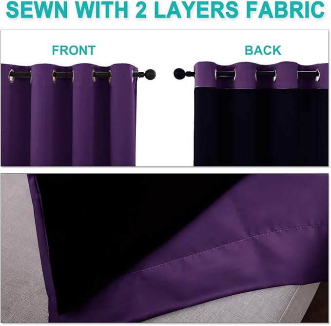 NICETOWN Full Shading Curtains 90 inches Long 2 Panels Set for Windows, Royal Purple, 52 inches W, Super Heavy-Duty Black Lined Blackout Curtains for Bedroom, Privacy Assured Window Treatment