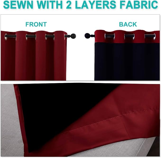 NICETOWN 100% Blackout Window Curtain Panels, Burgundy Red, 2 PCs, 62" Wide Each Panel, Cold and Full Light Blocking Drapes with Black Liner for Nursery, 84 inches Drop Thermal Insulated Draperies