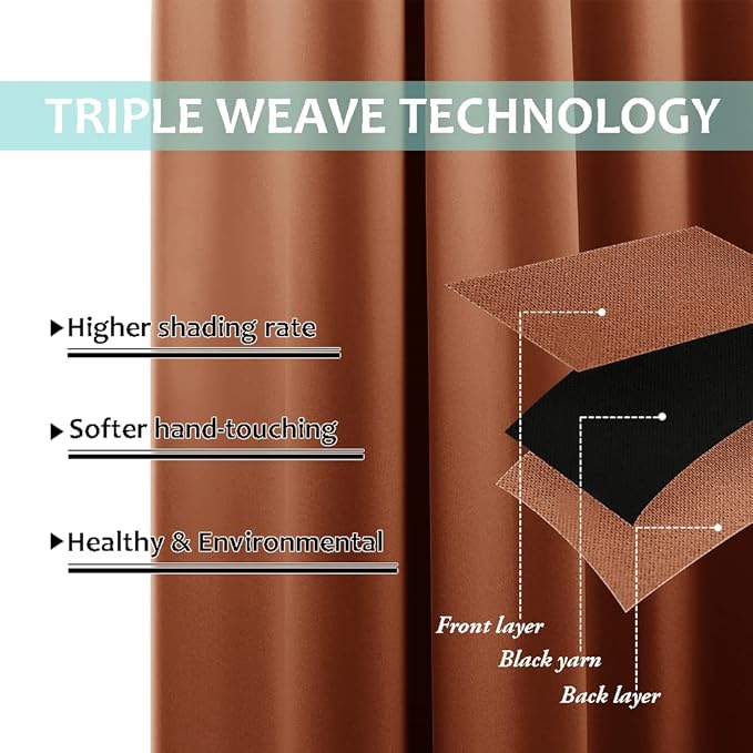 NICETOWN 100% Blackout Window Curtain Panels, Cold and Full Light Blocking Drapes with Black Liner for Nursery, 84 inches Drop Thermal Insulated Draperies (Burnt Orange, 2 PCs, 62" Wide Each Panel)