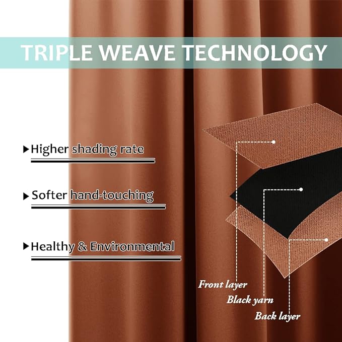 NICETOWN 100% Blackout Short Curtains with Black Liners, 2 Panels, 37" W by 60" L, Burnt Orange, Solid Thermal Insulated Full Blackout 2-Layer Lined Drapes, Energy Efficiency Window Drapes for Bedroom
