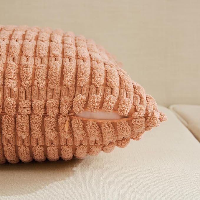 Fancy Homi 4 Packs Peach Decorative Throw Pillow Covers 16x16 Inch for Living Room Couch Bed, Rustic Modern Farmhouse Boho Home Decor, Soft Plush Corduroy Cute Square Accent Cushion Case 40x40 cm