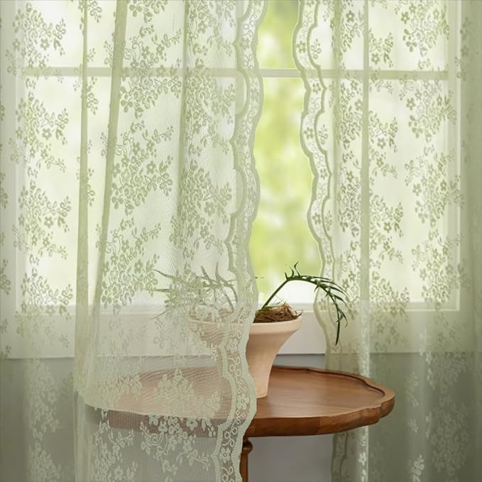 YJ YANJUN Vintage Lace Curtains 90 Inches Long-Victorian Floral Pattern Sage Green Sheer Curtains 2 Panels Embroidered Vine Tulle Voile Window Drapes Boho Aesthetic Decor 52 x 90 Inch Light Green