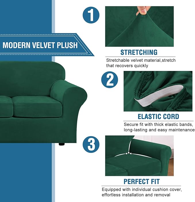H.VERSAILTEX Modern Velvet Plush 4 Piece High Stretch Sofa Slipcover Sofa Cover Furniture Protector Form Fit Thick Velvet Sofa Cover for 3 Cushion Couch Width Up to 90 Inch (Sofa,Vintage Green)