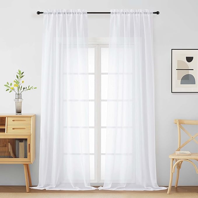 White Sheer Curtains for Window 96 Inches Long 2 Panels Set, Soft Airy Light Filtering Voile Sheer Curtains for Living Room Bedroom, Dual Rod Pocket Elegant Window Drapes, 2x42Wx96L Inches