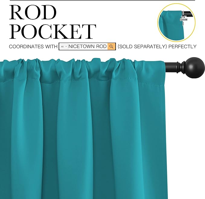 NICETOWN Peacock Blue Blackout Curtains Panels for Window, Thermal Insulated Rod Pocket Blackout Drapes/Draperies for Living Room (2 Panels, W42 x L48 inches)