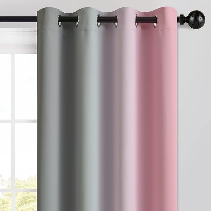 Yakamok Pink and Grey Blackout Curtains, Ombre Full Room Darkening Window Curtains for Living Room,Grommet Thermal Insulated Drapes,Light Blocking Curtains for Girls Bedroom,52x54 Inch, 2 Panels