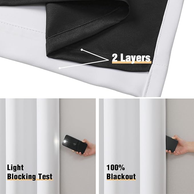 ChrisDowa White 100% Blackout Curtains for Bedroom with Black Liner, 2 Thick Layers Total Blackout Thermal Insulated Grommet Window Curtains 2 Panels Set (Pure White, 52 x 63 Inch)