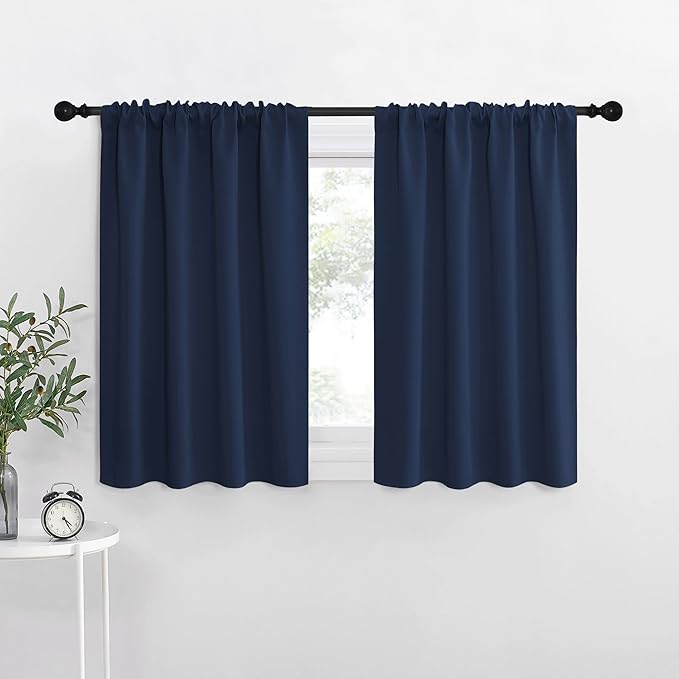 NICETOWN RV Blackout Curtains for Camper Windows, Kitchen Curtains, Short Blackout Curtains & Drapes, Thermal Insulated Rod Pocket Window Treatment Draperies for Nursery (Navy, 29" x 30", Set of 2)
