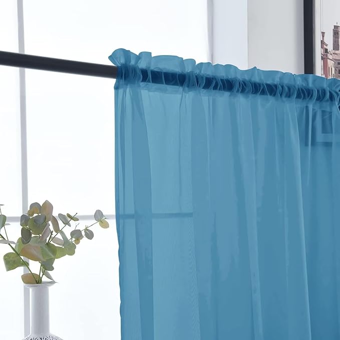 SpaceDresser Basic Rod Pocket Sheer Voile Window Curtain Panels Blue 1 Pair 2 Panels 52 Width 84 Inch Long for Kitchen Bedroom Children Living Room Yard（Blue, 52W x 84L）