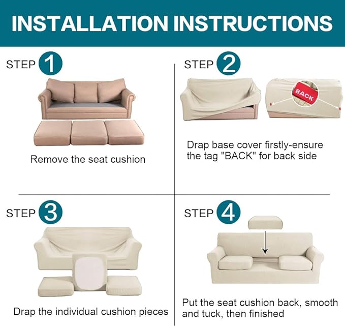 Turquoize 4 Piece Sofa Covers For 3 Cushion Couch Sofa Slipcover Soft Couch Cover For Dogs-Washable Sofa Furniture Covers With 3 Individual Large Cushion Covers Feature Fabric (XL Sofa,Biscotti Beige)