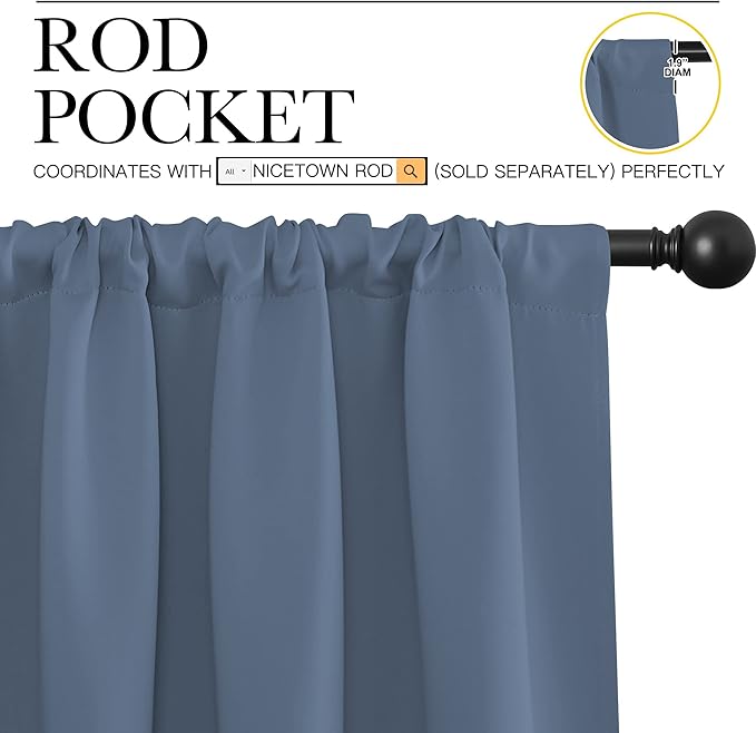 NICETOWN Kitchen Curtains, Short Blackout Curtains & Drapes, Small Window Rod Pocket Draperies for Bedroom (Stone Blue, 42 inches Wide x 54 inches Long, Set of 2)