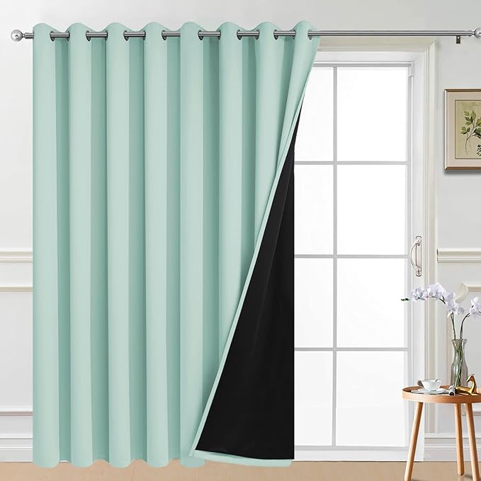 Yakamok Extra Wide 100% Blackout Full Shading Curtains for Patio Door, Thermal Backing Sliding Glass Door Drape, Privacy Assured Window Treatment for Sliding Door Curtains,Aqua, W100 x L96, 1 Panel