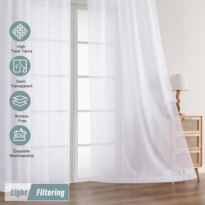 Extra Wide White Sheer Curtains for Windows 108 inches Long, Lightweight Light Filtering Soft Drapes for Living Room Bedroom, Dual Rod Pocket Sheer Curtains, 2x59Wx108L inches, 9FT, 2PCS