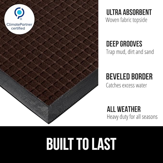GORILLA GRIP 100% Waterproof All-Season WeatherMAX Doormat, 60x24, US Designed Natural Rubber, Stain and Fade Resistant, Low Profile Indoor Outdoor Door Mats, Easy Clean Patio Mat, Coffee Squares