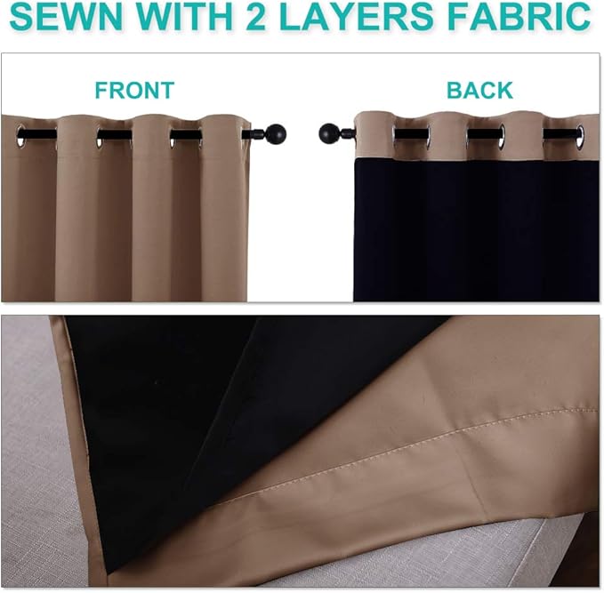 NICETOWN 100% Blackout Curtains Thermal, Noise Reduction and Privacy Curtains for Patio Door, Black Lined Blackout Drapes with Grommet Top, Cappuccino, 1 Pair, W37 x L60