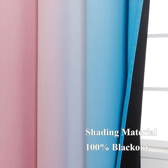 Pink and Blue Blackout Curtains 84 Inches Long,Ombre and Wave Line Pattern Grommet Thermal Insulated Gradient Blackout Curtains for Bedroom,Full Light Blocking Drapes for Kid Room,52x84 Inch,2 Panels