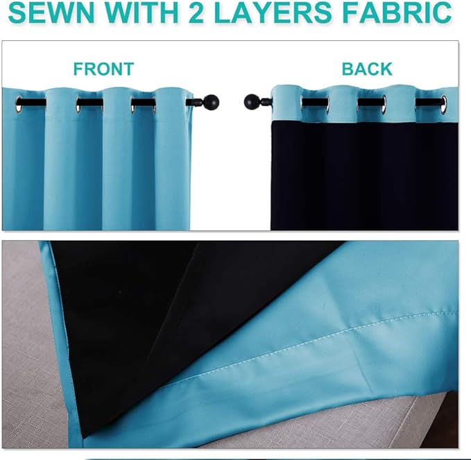 NICETOWN 100% Blackout Window Curtain Panels, Teal Blue, 2 Pieces, 42-inch Wide Per Panel, Full Light Blocking Drapes with Black Liner for Nursery, 72-inch Drop Thermal Insulated Draperies