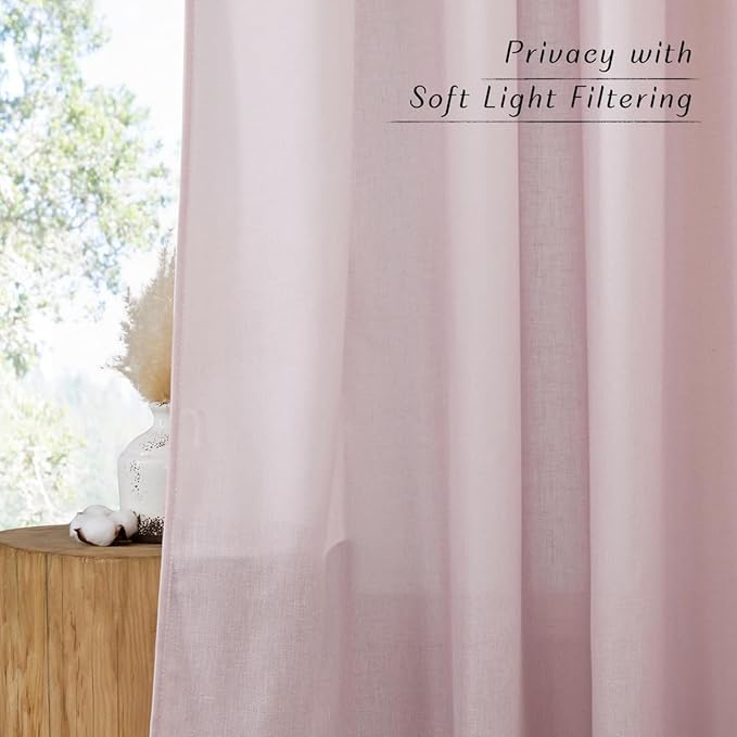 NICETOWN Blush Pink Linen Curtains for Kitchen, Thick Flax Small Window Treatments Semi Sheer Privacy Assured with Light Through for Cafe/Bathroom, W55 x L92, 2 Panels