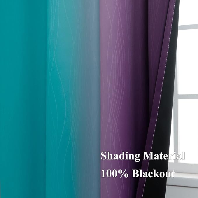 Estelar Textiler Ombre Teal and Purple Blackout Curtains 72 Inch Length 2 panels, Grommet Thermal Insulated Gradient Drapes for Kids Room, Full Light Blocking Blackout Curtains for Bedroom, 42x72 Inch