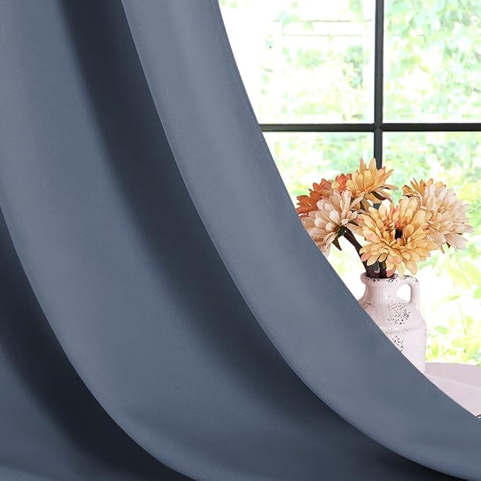 NICETOWN Blackout Draperies Curtains for Kids Room, Window Treatment Thermal Insulated Solid Grommet Blackout Drape Panels for Bedroom (Stone Blue, Set of 2, 70 by 72 inches)