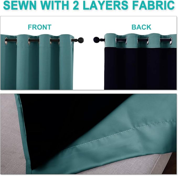 NICETOWN 100% Blackout Curtains with Black Liners, Thermal Insulated 2-Layer Lined Drapes, Room Warming Small Window Draperies for Dining Room (Sea Teal, 2 Panels, 46 inches W by 54 inches L)