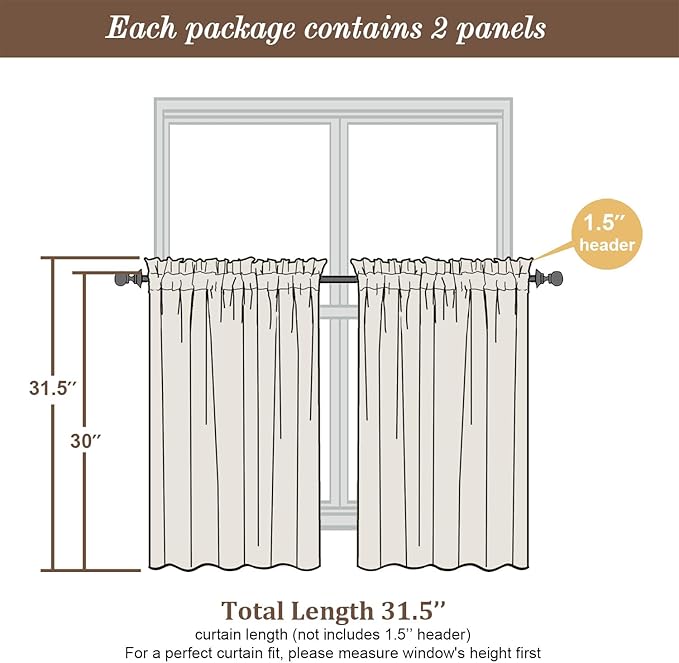 Chyhomenyc Gold Sheer Curtains 30 inch Length 2 Panels, Light Filtering Voile Rod Pocket Short Window Curtians for Bathroom Living Room Farmhouse Small Windows, 42Wx30L inches