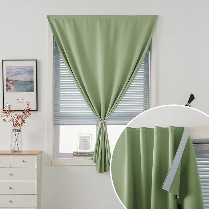 Magic Tape Blackout Curtains for Bedroom No Drillng Self Adhesive Curtains No Rod Small Window, 35" W X 59" L, Sage Green, 1 Panel