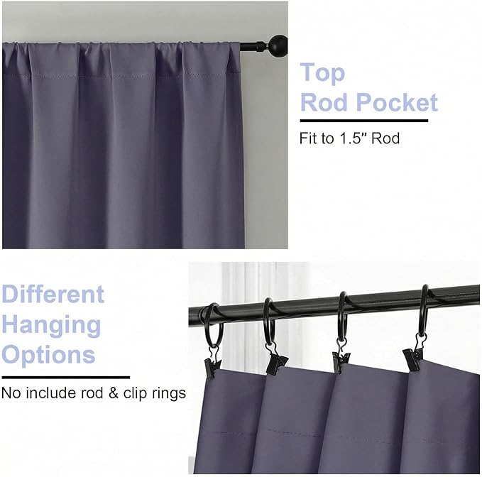 Simplebrand Ava Blackout Curtains for Patio 108 Inches Long 2 Panels Set, Solid Thermal Insulated Room Darkening Rod Pocket Window Treatment Curtains Blackout Drapes, W50 x L108 Inch, Greyish Purple