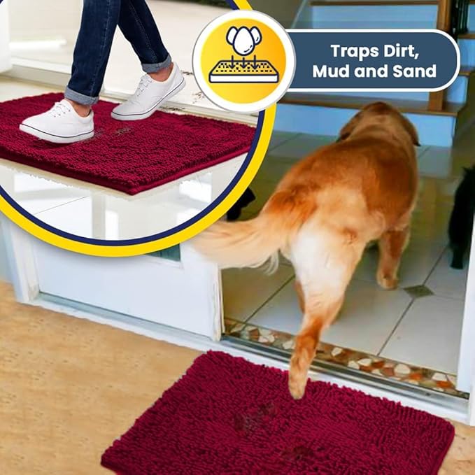 Muddy Mat® | Super Absorbent Door Mat Indoor, Microfiber Quick Dry Chenille Entryway Rug, Non-Slip Front Door Mat, Indoor Mats for Entryway, Machine Washable Pet Rug, Maroon 24"x60"