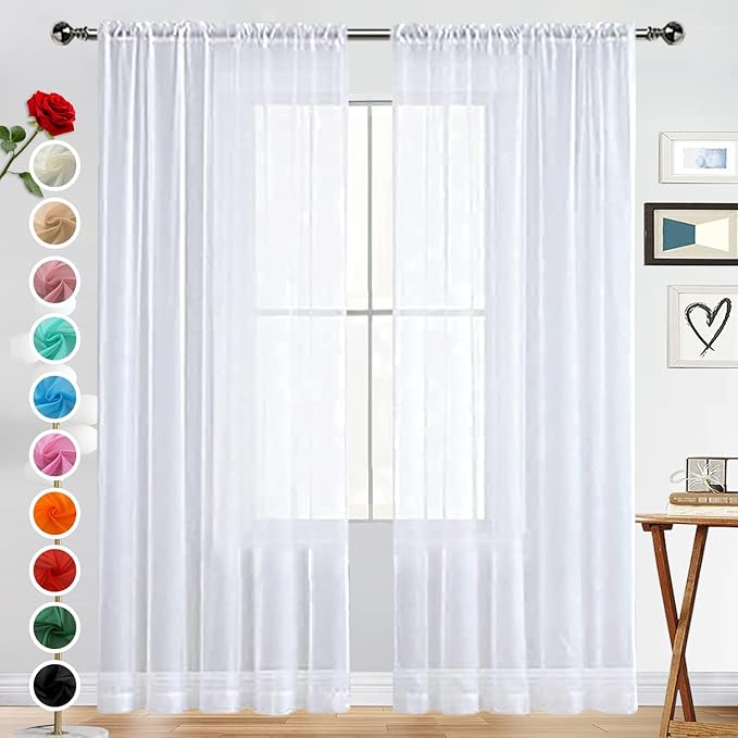SpaceDresser Basic Rod Pocket Sheer Voile Window Curtain Panels White 1 Pair 2 Panels 70 Width 63 Inch Long for Kitchen Bedroom Children Living Room Yard(White,70 W x 63 L)