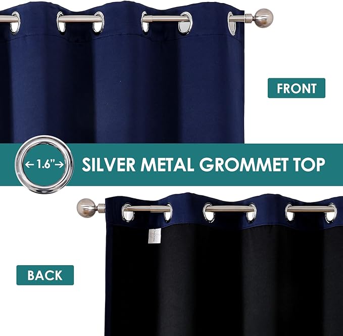 ChrisDowa 100% Blackout Curtains for Bedroom with Black Liner, 2 Thick Layers Total Blackout Thermal Insulated Grommet Window Curtains 2 Panels Set (Navy Blue, 52 x 72 Inch)