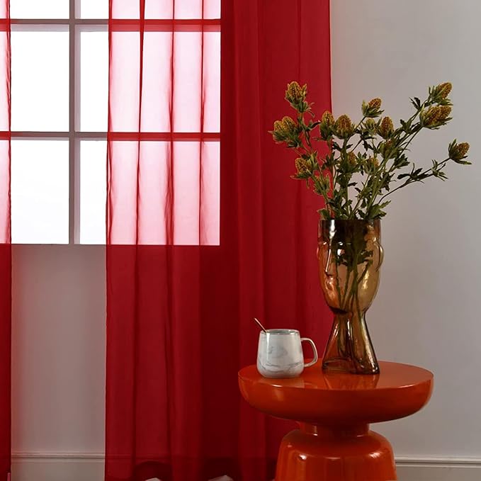 SpaceDresser Christmas Red Sheer Curtains 4 Panels Rod Pocket Semi-Sheer Curtain 96 Inches Long Light Filtering Voile Window Drapes for Bedroom Living Room Kitchen, Each 52W x 96L