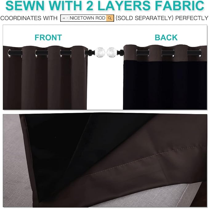 NICETOWN Complete 100% Blackout Curtains, Thermal Insulated & Energy Efficiency Window Draperies with Black Liner, Noise Reducing Short Curtains for Kids Room (Brown, 42-inch W by 63-inch L, 2 Panels)