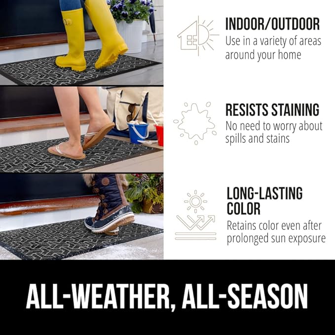 GORILLA GRIP 100% Waterproof All-Season WeatherMAX Doormat, US Designed Natural Rubber, Stain and Fade Resistant, Low Profile Indoor Outdoor Door Mats, Easy Clean Patio Mat, 29x17, Slate Geometric