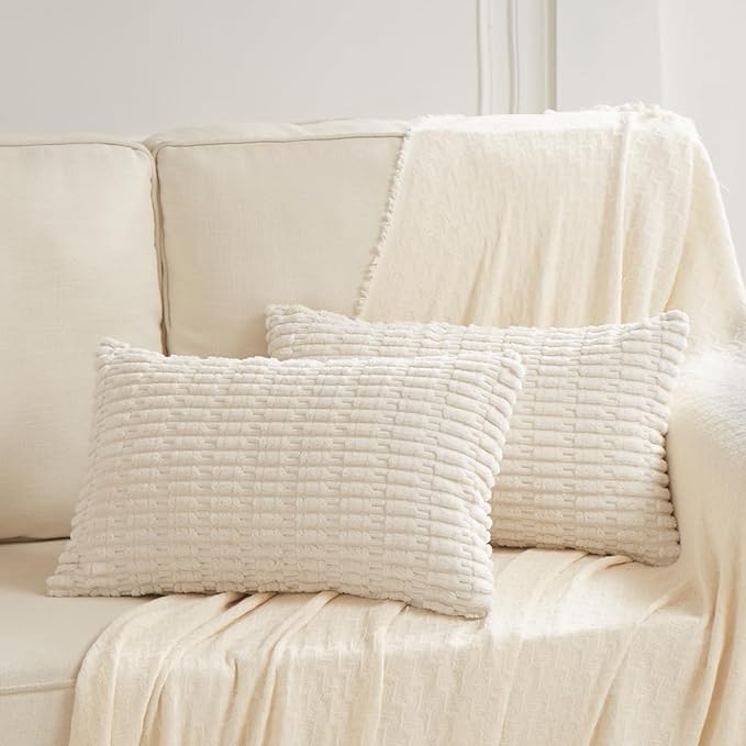 Fancy Homi 4 Packs Boho Cream Decorative Throw Pillow Covers 12x24 Inch for Living Room Couch Bed Sofa, Rustic Modern Farmhouse Home Decor, Soft Plush Corduroy Beige Cute Square Cushion Case 30x60 cm