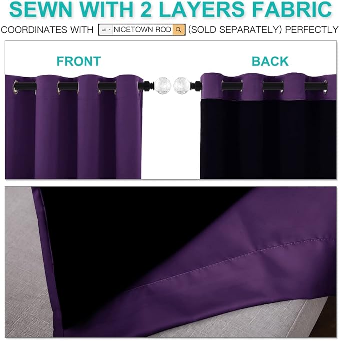 NICETOWN Truly Blackout Drapes for Living Room, Heavy-Duty Full Light Shading Curtain Set with Black Liner Backing for Villa/Hall/Dorm Window（Royal Purple, Package of 2, 52 inches W x 95 inches L