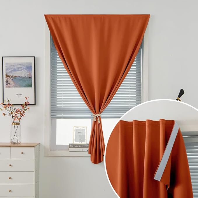 Self Adhesive Curtains Portable Blackout Curtain Simple and Easy to Install Bedroom Window Thermal Lnsulated Kitchen Room Darkening Black Small Drapes, 47" W X 96" L, Orange, 1 Panel