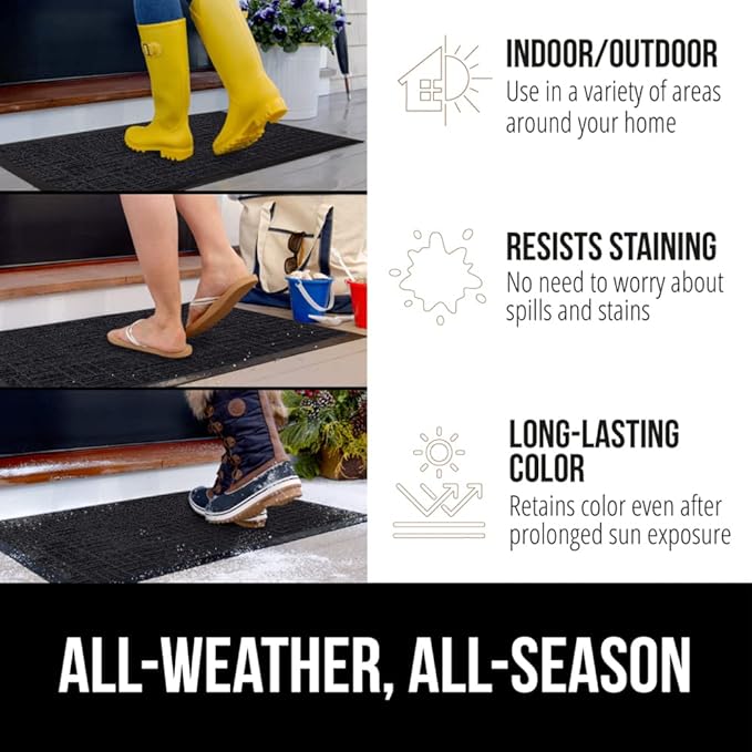 GORILLA GRIP 100% Waterproof All-Season WeatherMAX Doormat US Designed Natural Rubber, Stain and Fade Resistant, Low Profile Indoor Outdoor Door Mats, Easy Clean Patio Mat, 29x17, Black Maze