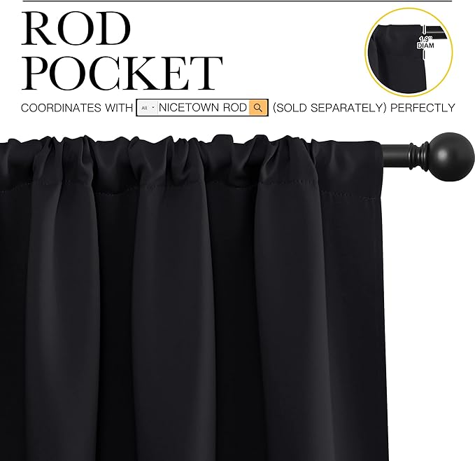 NICETOWN Black Blackout Curtain Blinds - Solid Thermal Insulated Window Treatment Blackout Drapes for Bedroom (2 Panels, 70 inches Wide by 84 inches Long)