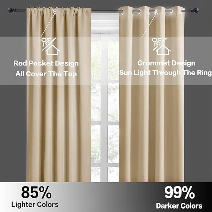 RYB HOME Short Curtains for Bedroom, Room Darkening Insulated Summer Heat Light UV Blocking Energy Saving Drapes for Nursery, Width 42 by Length 48, Biscotti Beige, Set of 2