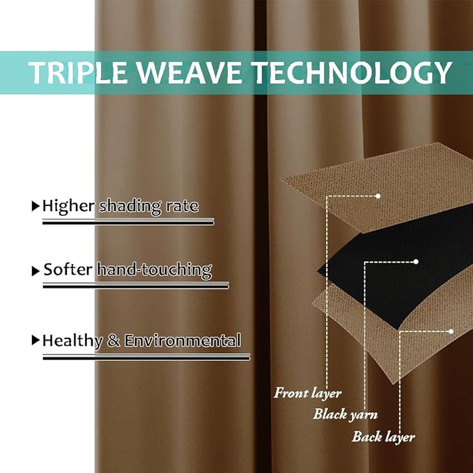 NICETOWN 100% Blackout Short Curtains with Black Liners, 2 Panels, 37" W by 50" L, Gold Brown, Solid Thermal Insulated Full Blackout 2-Layer Lined Drapes, Energy Efficiency Window Drapes for Bedroom