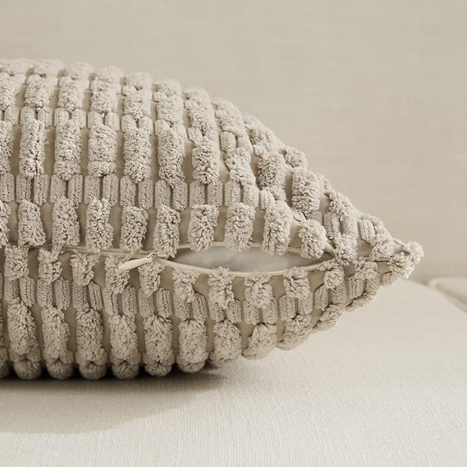 Fancy Homi Set of 4 Grey and White Lumbar Rectangle Decorative Throw Pillow Covers 14x24 Inch for Couch Bed Chair, Farmhouse Boho Room Decor, Soft Fuzzy Thick Corduroy Textured Cushion Case 35x60cm