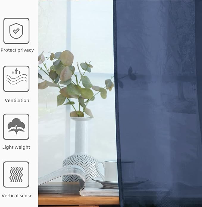 SpaceDresser Sheer Voile Window Treatment Rod Pocket Curtain Panels for Kitchen Bedroom Living Room Drapes Sunlight Filtering Privacy Semi Home Decor Assorted Colors Sizes (Navy, 52 W x 90 L)