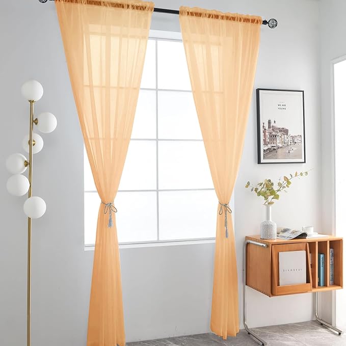 SpaceDresser Beige Sheer Curtains 4 Panels Rod Pocket Semi-Sheer Curtain 90 Inches Long Light Filtering Voile Window Drapes for Bedroom Living Room Kitchen, Each 52W x 90L