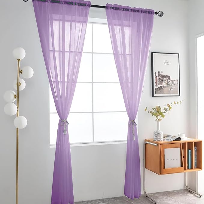 SpaceDresser Lavender Sheer Curtains 4 Panels Rod Pocket Semi-Sheer Curtain 84 Inches Long Light Filtering Voile Window Drapes for Bedroom Living Room Kitchen, Each 52W x 84L