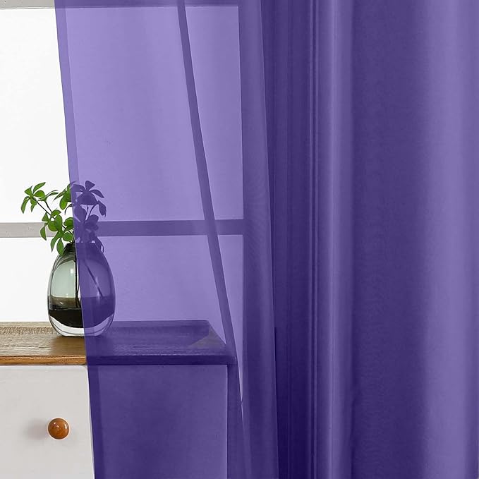 Purple Window Sheer Curtains 45 Inches Length, Voile Short Curtains for Living Room Bedroom, Modern Soft Window Drapes 2 Panels Set, Top Dual Rod Pocket Design, 2x42Wx45L Inches