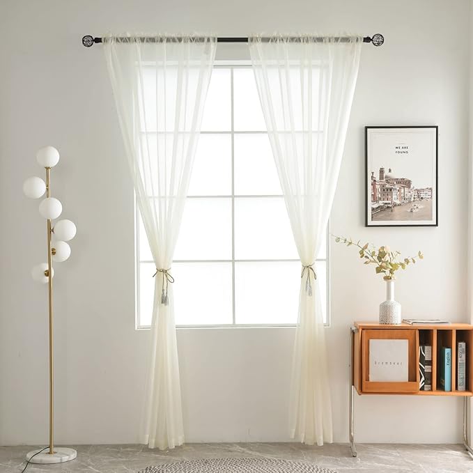 SpaceDresser Basic Rod Pocket Sheer Voile Window Curtain Panels White 1 Pair 2 Panels 38 Width 54 Inch Long for Kitchen Bedroom Children Living Room Yard(Ivory,38 W x 54 L)