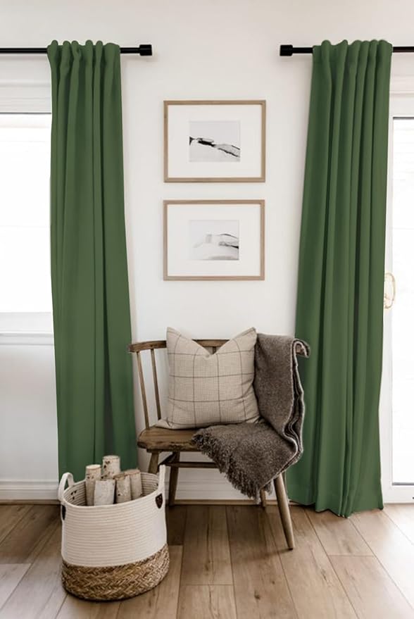 100% Blackout Shield Linen Blackout Curtains for Bedroom 84 Inches Long, Back Tab/Rod Pocket Living Room Drapes, Thermal Insulated Blackout Curtains 2 Panels Set, 50" W x 84" L, Moss Green