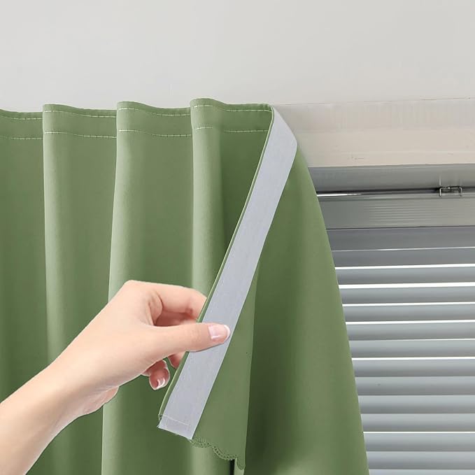 Magic Tape Blackout Curtains for Bedroom No Drillng Self Adhesive Curtains No Rod Small Window, 47" W X 84" L, Sage Green, 1 Panel