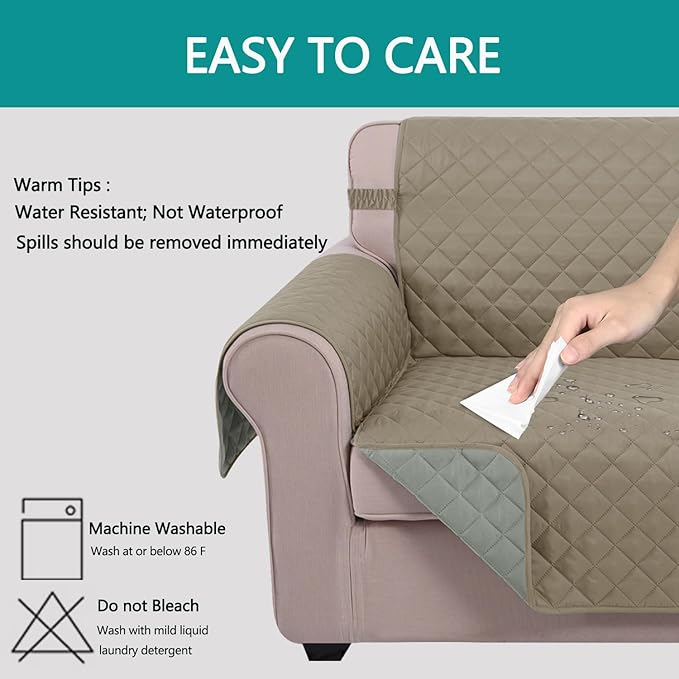 U-NICE HOME Loveseat Sofa Cover Reversible Couch Cover for Dogs with Elastic Straps Water Resistant Furniture Protector for Pets Couch Cover for 2 Cushion Couch (Loveseat, Khaki/Light Grey)